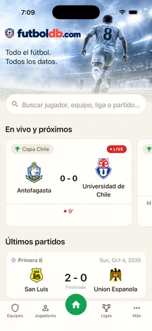 FutbolDB home screen with search and live matches