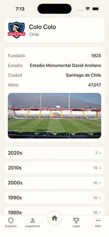 Club profile with stadium information and history by decade